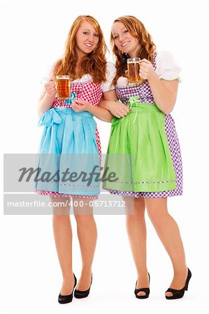 two standing bavarian woman with beer on white background