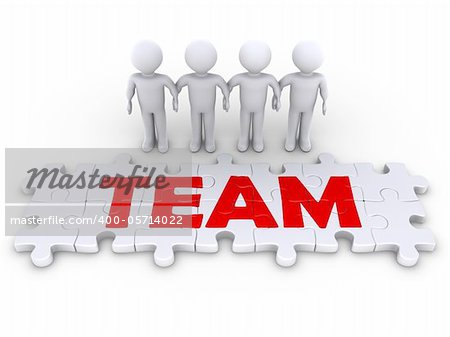 Four 3d people holding hands and puzzle pieces spelling the word team