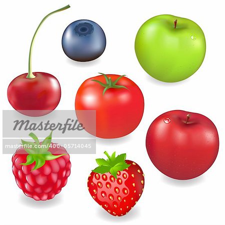 Collection Fruits And Berries, Isolated On White Background, Vector Illustration