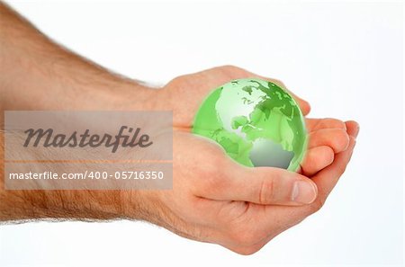 Masculine hands holding a 3d planet globe against a white background