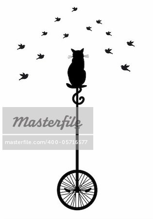 cat sitting on monocycle and watching birds, vector background