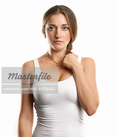 european woman looking on camera against white backgrounds