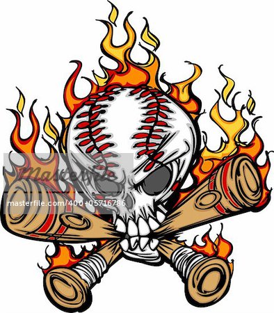 Cartoon Image of Flaming Baseball Bats and Skull with Baseball Laces