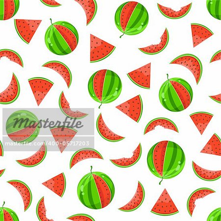 Juicy Whole and Sliced Watermelon Seamless Pattern on White Background
