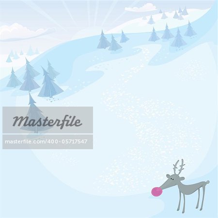 Vector Christmas series. Holiday greeting card with Rudolph and frozen forest in the mountains.