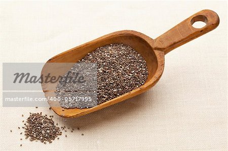 chia seeds on a rustic wooden scoop against canvas background