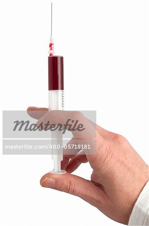 Medical Syringe With Blood in Mans Hand Isolated on White - With Clipping Path