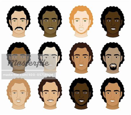 Vector Illustration of 12 different Curly Afro Men Faces.