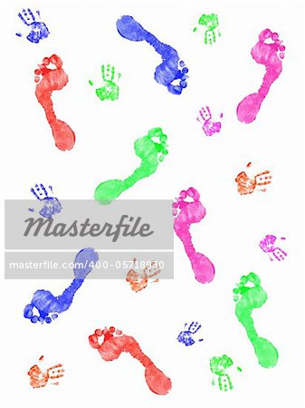 Feet and hand prints on a white background