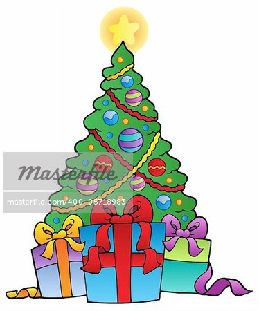 Decorated Christmas tree with gifts - vector illustration.