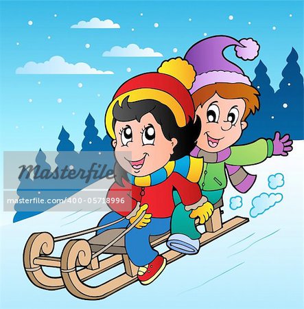 Winter scene with kids on sledge - vector illustration.