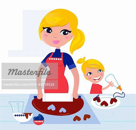 Happy blond hair Mother with Daughter baking together. Vector