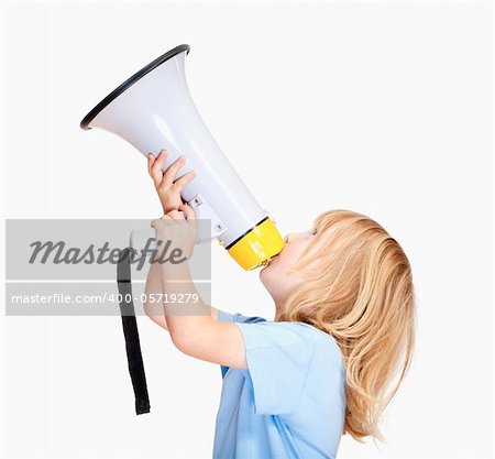 boy with long blond hair playing with a megaphone