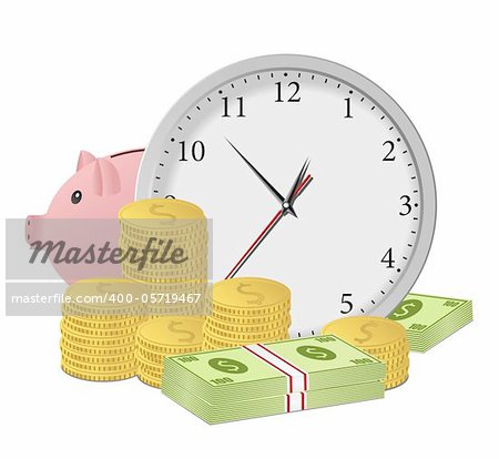 Time is money concept with clock, piggy bank, dollar banknotes and coins. Vector eps10 illustration