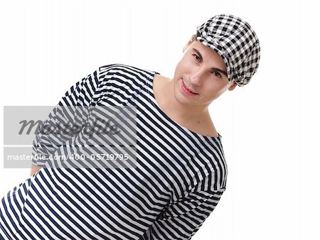 Look naughty handsome young man portrait in stylish striped dress and cap