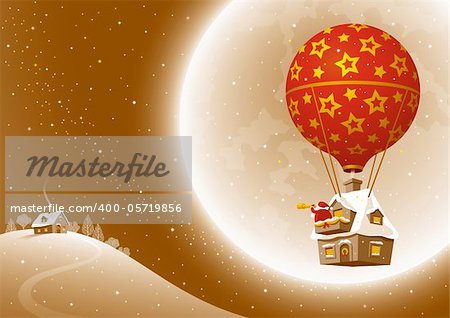 Santa Claus on a moonlit night flying in a balloon and watching through a telescope.