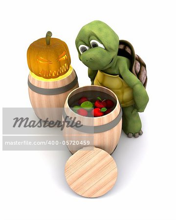 3d render of a tortoise bobbing for apples