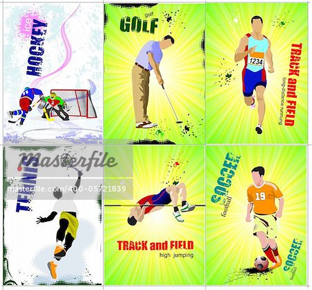 Six sport posters. Track and field, Ice hockey, tennis, soccer,  golf. Vector illustration