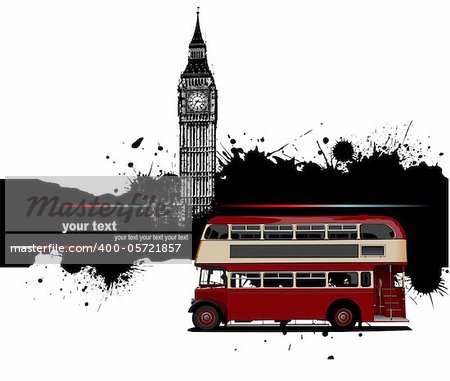 Grunge banner with London and red doubledecker router images. Vector illustration