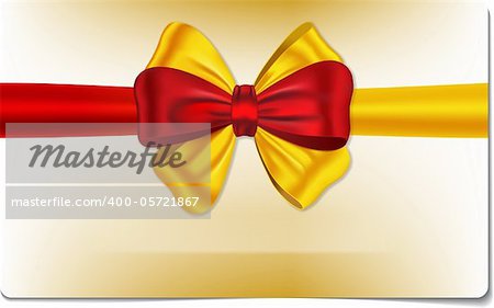 Gift card with red and yellow ribbon and bow and smooth line for your text. Vector illustration