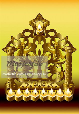 he backplate is beautifully pierced with various scrolled ornaments including two lions and two birds, sided by two pillars.  Fronted by the eight stylized oil fonts and servant light (Shamosh).