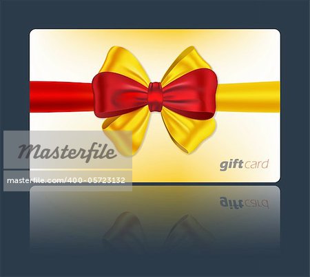Gift card with red and yellow ribbon and bow. Vector illustration