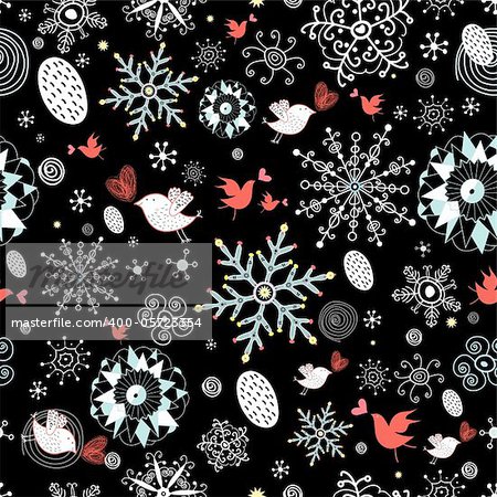 New seamless pattern of birds and snowflakes on a black background