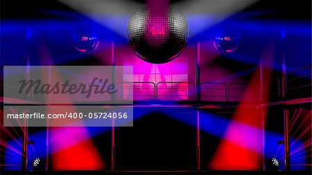 Night club interior with colorful spot lights and shining mirror disco balls artistic light show