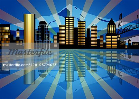 Reflection of Portland Oregon City Skyline at Night Illustration