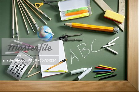 back to school concept with ABC written in school in green color blackboard