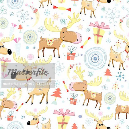 New seamless pattern with moose on a white background with gifts and Christmas trees