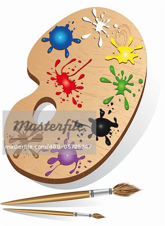 Art palette icon and instrument with paint and ink set brush for drawing. Wooden vector illustration.