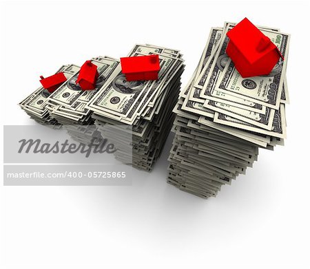 High resolution 3D illustration of red house sitting on stack of one thousand 100 dollar bills.