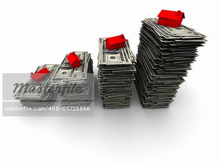 High resolution 3D illustration of red house sitting on stack of one thousand 100 dollar bills.