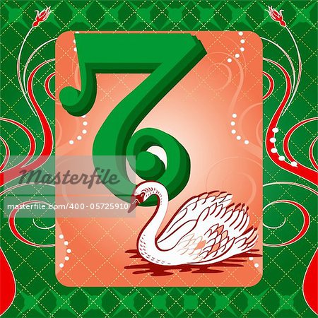 Vector Illustration Card for the 12 days of Christmas. Seven Swans Swimming.