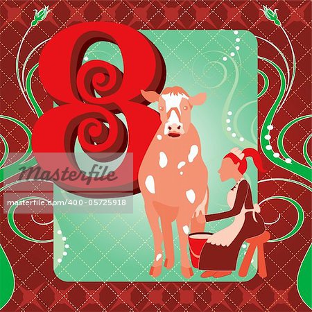 Vector Illustration Card for the 12 days of Christmas. Eight Maids Milking.