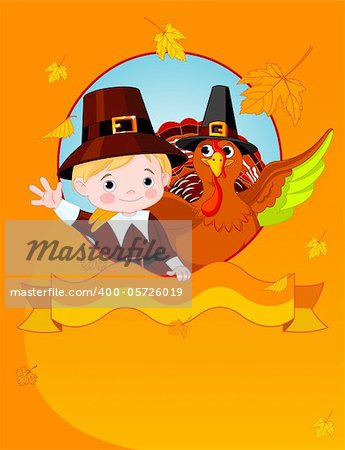 Happy Thanksgiving. Pilgrim and turkey  congratulates.