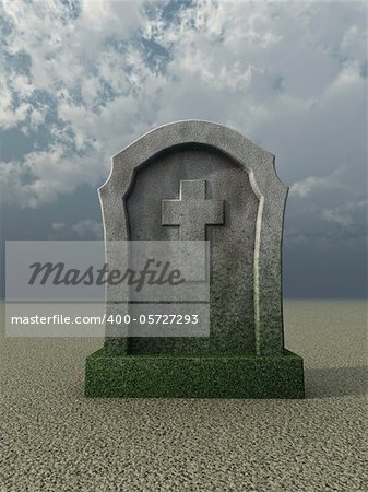 gravestone with christian cross under cloudy blue sky - 3d illustration