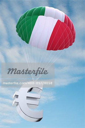 Parachute with the Italian flag on it holding a Euro currency symbol - concept for security funds for debt ridden Italy