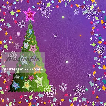 Christmas violet frame with tree, stars and snowflakes (vector)