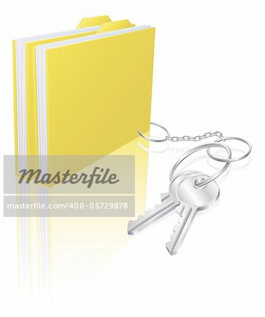 Illustration of file folder attached to keys as a keyring. Concept for secure file storage, access etc.