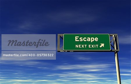 Super high resolution 3D render of freeway sign, next exit... Escape!