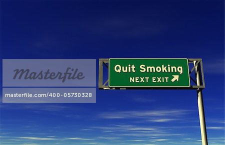 Quit Smoking - Freeway Exit Sign. 3D illustration isolated on sky background.