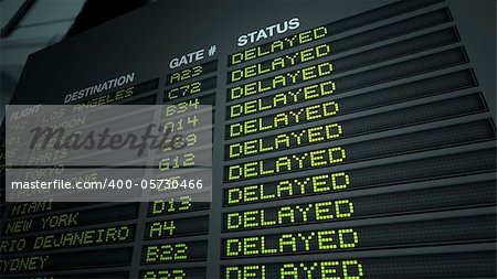 'Delayed' version of flight information board in airport terminal. Extreme POV. DOF focus on board. See more versions in this series.