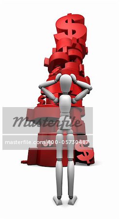 3D render of dumbfounded mannequin standing in front of a stack of red $ dollar symbols.