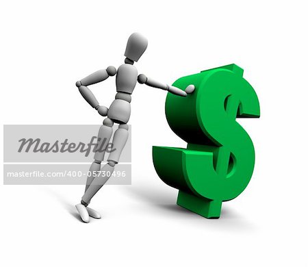 3D render of mannequin leaning against green $ Dollar symbol on isolated white background.