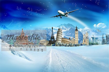 Winter vacation - collection of world monuments, mountains and winter activities