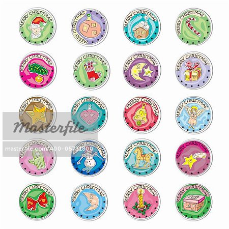 merry christmas set of colored clip art stamp coins isolated on white