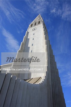The church of Hallgrimur, also known as Hallgrimskirkja, representing one of the most famous landmarks of Reykjavik in Iceland. Tower in perspective as seen from below.