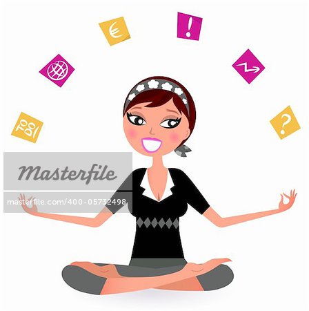 Busy woman with notes trying to relax in yoga position.  Vector retro Illustration